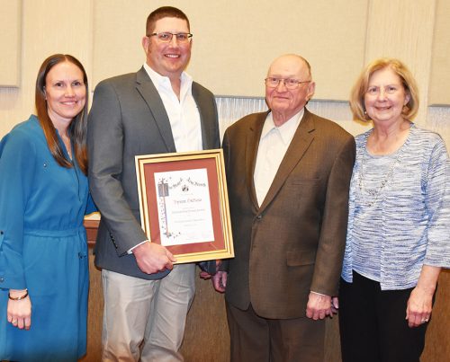 At awards ceremony at the Joint State Agricultural Convention earlier this month, from left: Karen and Byron DuBois, Henry and Marlene DuBois (Byron’s father and mother). Henry DuBois won the same award in 1983. All photos courtesy of DuVois family