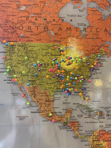 A map displayed in the Mount Magazine Park Lodge shows eclipse visitors’ hometowns. Photo: Suzy Merighi