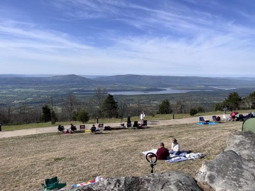 Eclipse enthusiasts gathered on Mount Magazine overlooking Blue Mountain Lake in the Petit Jean River Valley. Photo: J. Morton Galetto. 