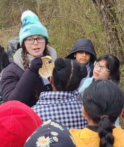 Fourth graders found a box turtle carapace along the trail during Wild About Cumberland. CU staff member Julia Wilberg discusses the bone structure of the turtle’s shell. Photos: Sue Godfrey