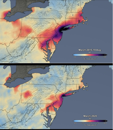 The pandemic showed how much more we could improve our air quality by taking steps to curb the use of fossil fuels that cause global warming. These images show satellite data of nitrogen dioxide from the Aura Ozone Monitoring Instrument (OMI) over the northeast United States in March, comparing the mean of the pre-pandemic period from 2015 through 2019 with the mean for early pandemic 2020. IMAGE: NASA’s Scientific Visualization Studio