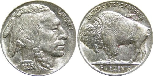 The “Indian head/ buffalo” nickel was produced from 1913 to 1938 (above 1935). Photo: Bobby, Wikipedia Commons