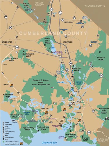 The green areas on map represent most of Cumberland County’s preserved spaces. Map: CU Maurice River