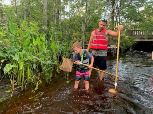 Children and adults identify critters from local streams. Many macroinvertebrates give insight into the health of streams. 