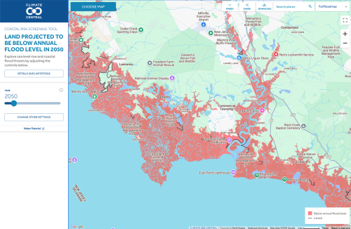 There are many predictive flood mapping tools available on the Internet. Here is the Maurice River on an interactive map hosted by Coastal.climatecentral.org. After setting a future date you can zoom in and out on coastal environs along the U.S. Eastern Seaboard. These maps have limitations in terms of what can accelerate sea level rise but are nevertheless useful planning tools.  