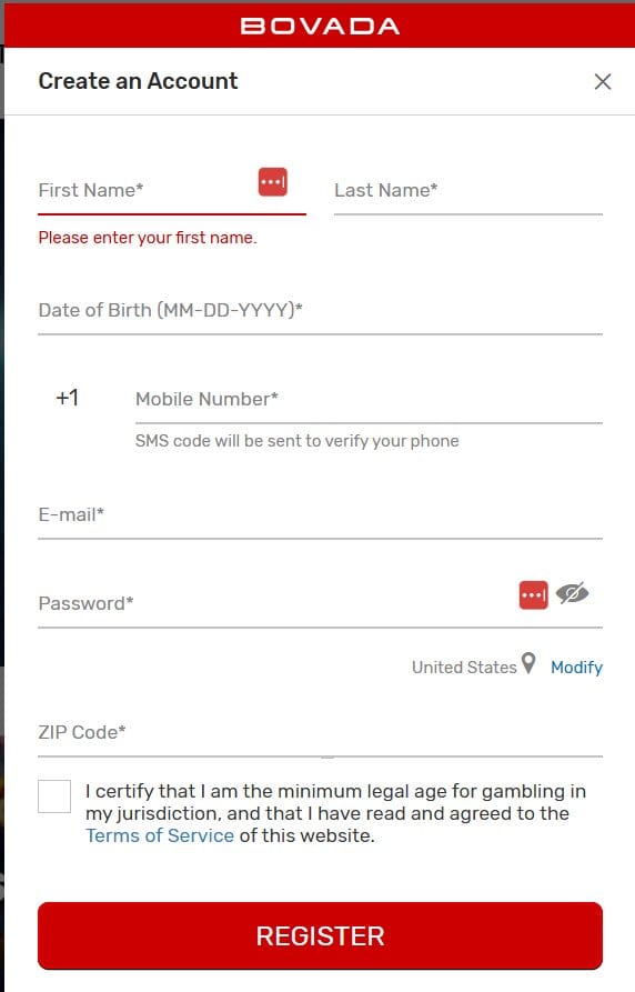 Bovada Create Account