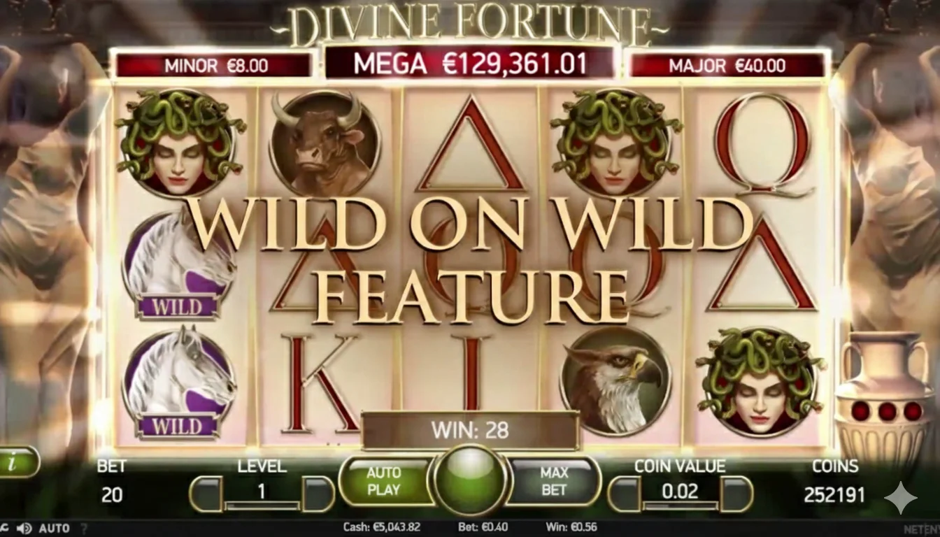 Divine Fortune Slot Gameplay - Wild on Wild Feature with Mega Jackpot