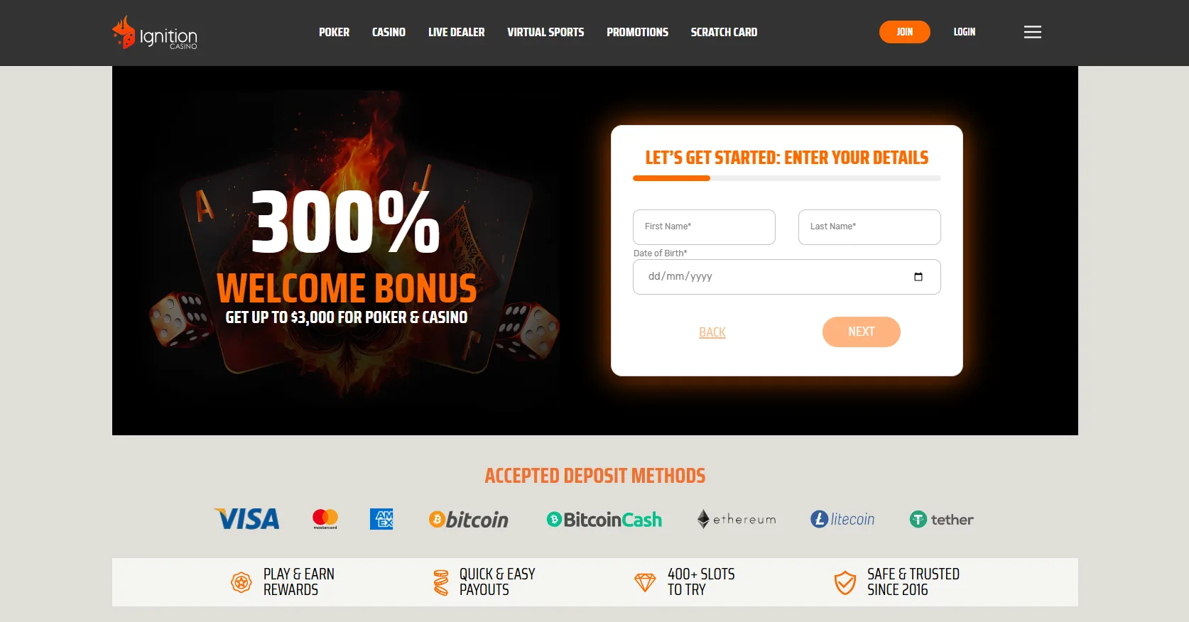 Ignition Casino Homepage - 300% Welcome Bonus
