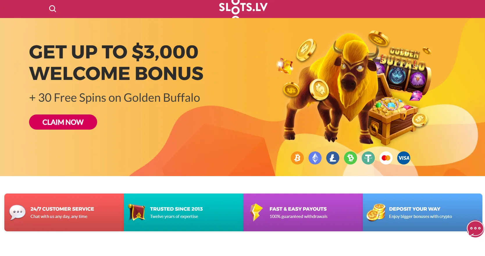 Slots.lv Casino Homepage - $3000 Welcome Bonus