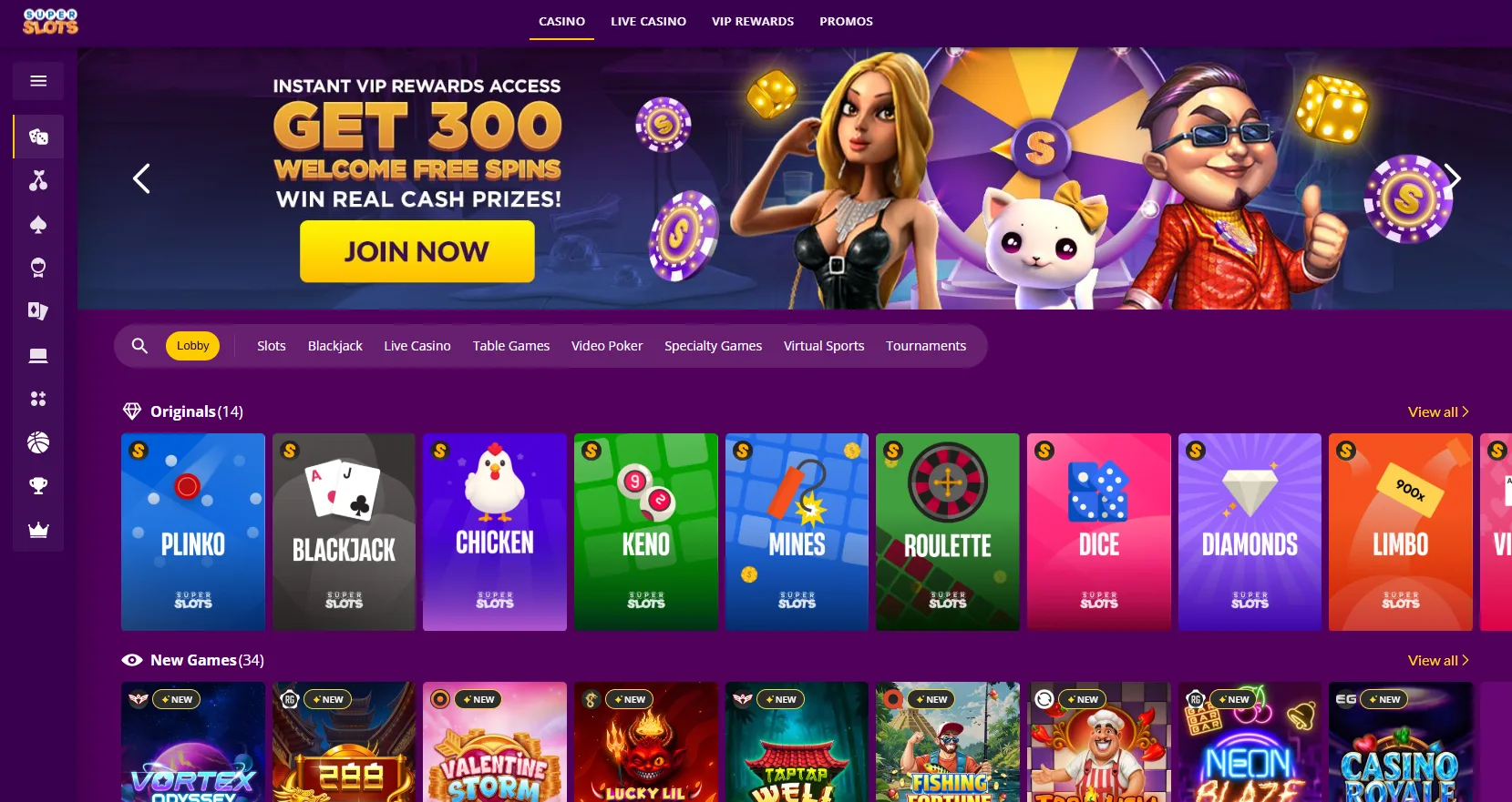Super Slots Casino Homepage - 300 Free Spins Welcome Bonus