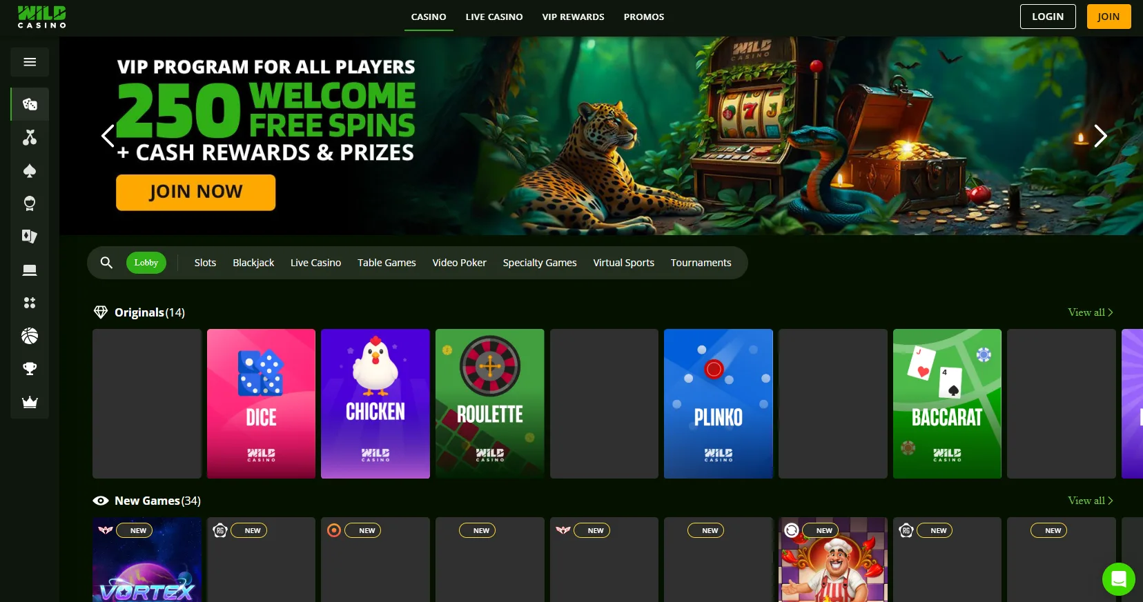 Wild Casino Homepage - 250 Free Spins VIP Program