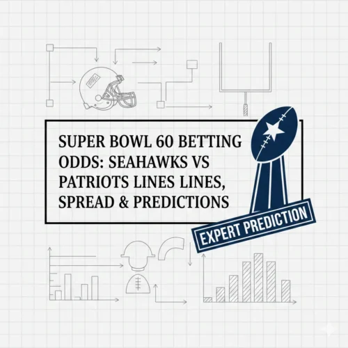 Super Bowl 60 betting odds showing Seahawks vs Patriots matchup with spread and prediction lines for 2026